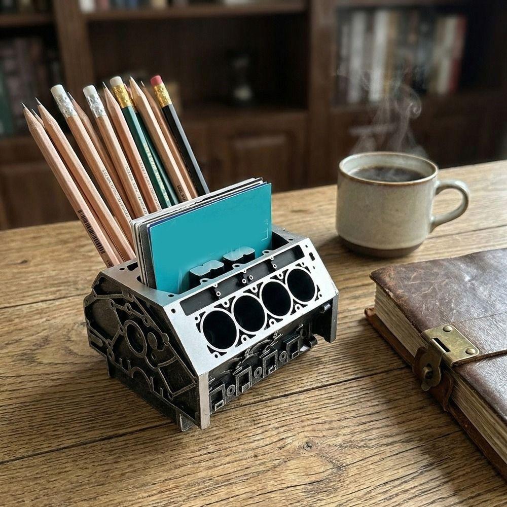Resin Engine Block Desk Organizer Black Business Card Bracket Pen Holder Office Desk Organizer