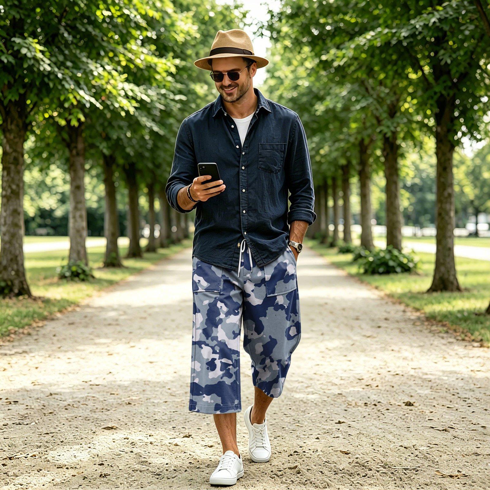 Men s Loose Fit Cargo Shorts with Large Pockets, Plaid Camouflage L