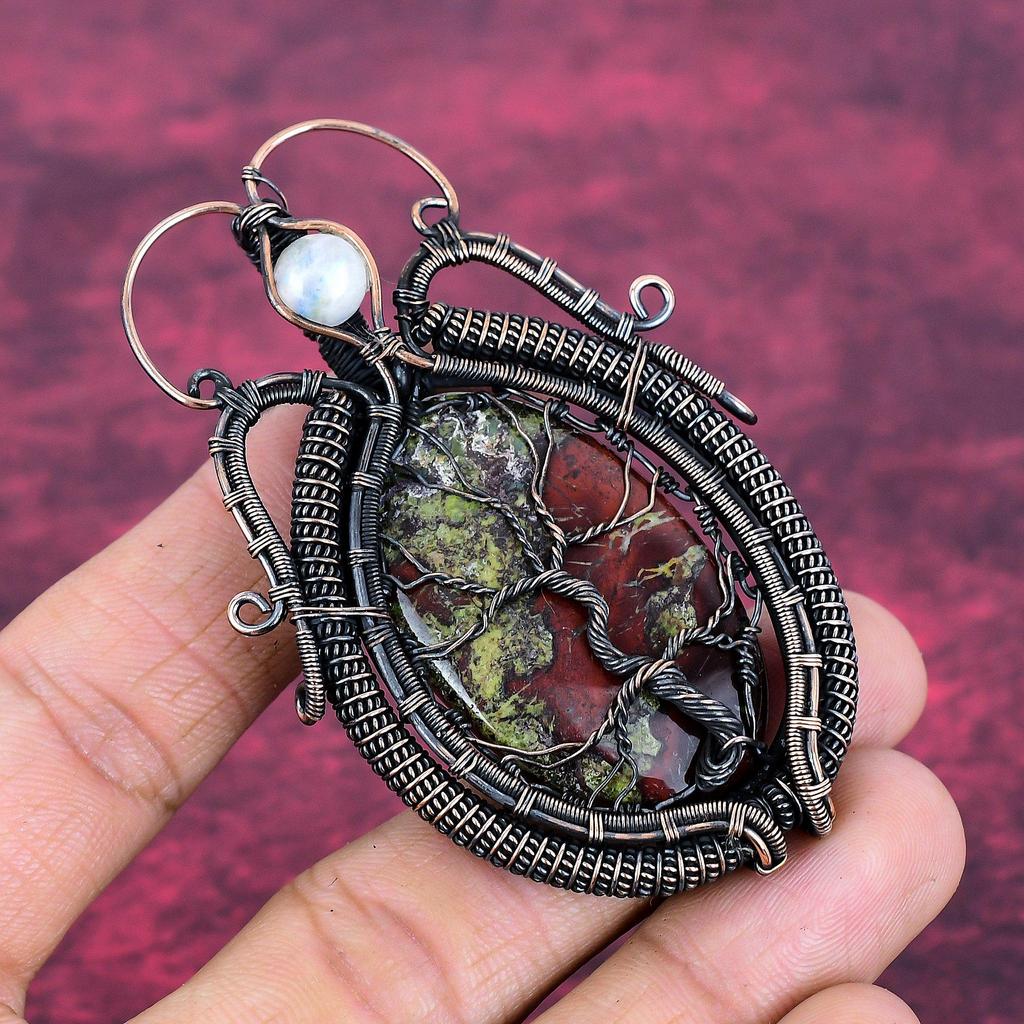 Tree Of Life Dragon Bloodstone Pendant Rainbow Moonstone Pendant Copper Wire Wrapped Jewelry