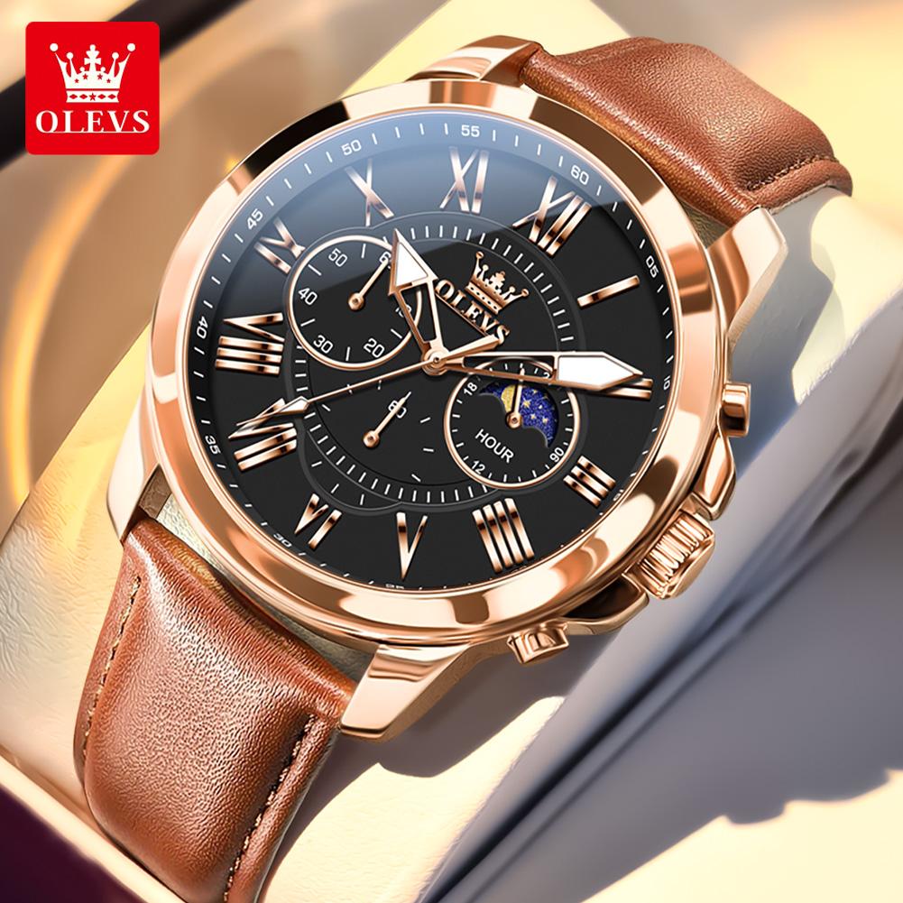 Men's Sports Timing Waterproof Luminous Moon Phase Quartz Watch Three Eye Dial Holiday Gift Business Watch