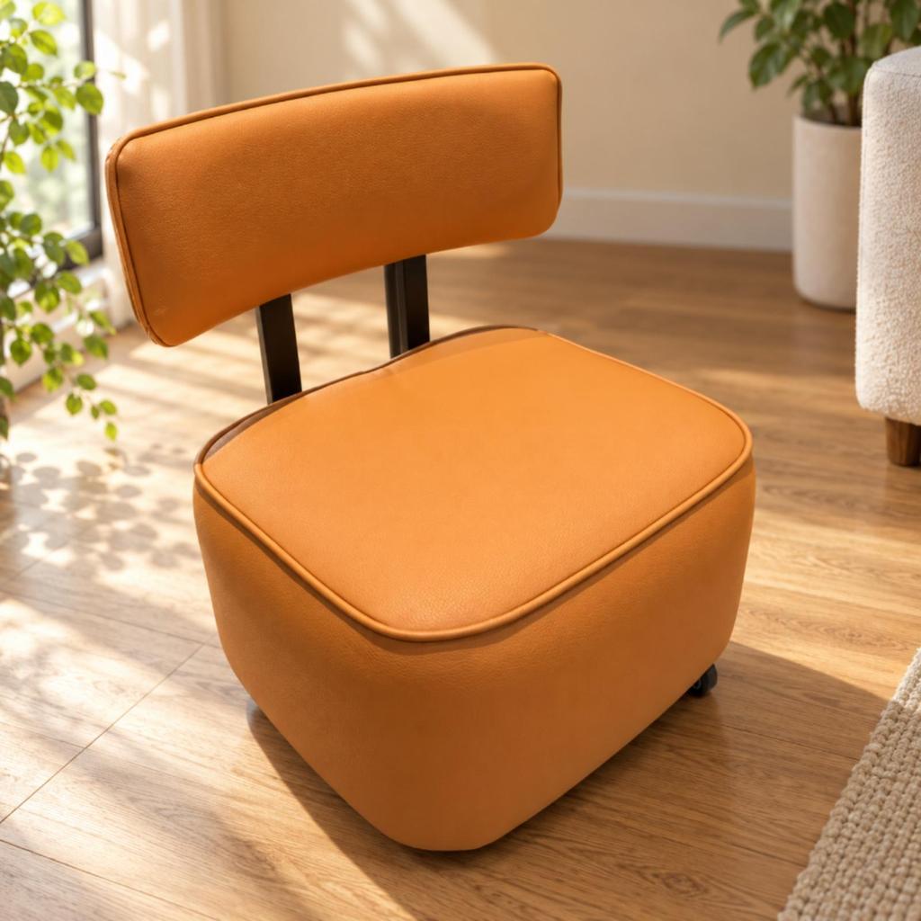 Movable Upholstered Low Stool with Wheeled Base Mobile Rolling Backrest Soft Seating