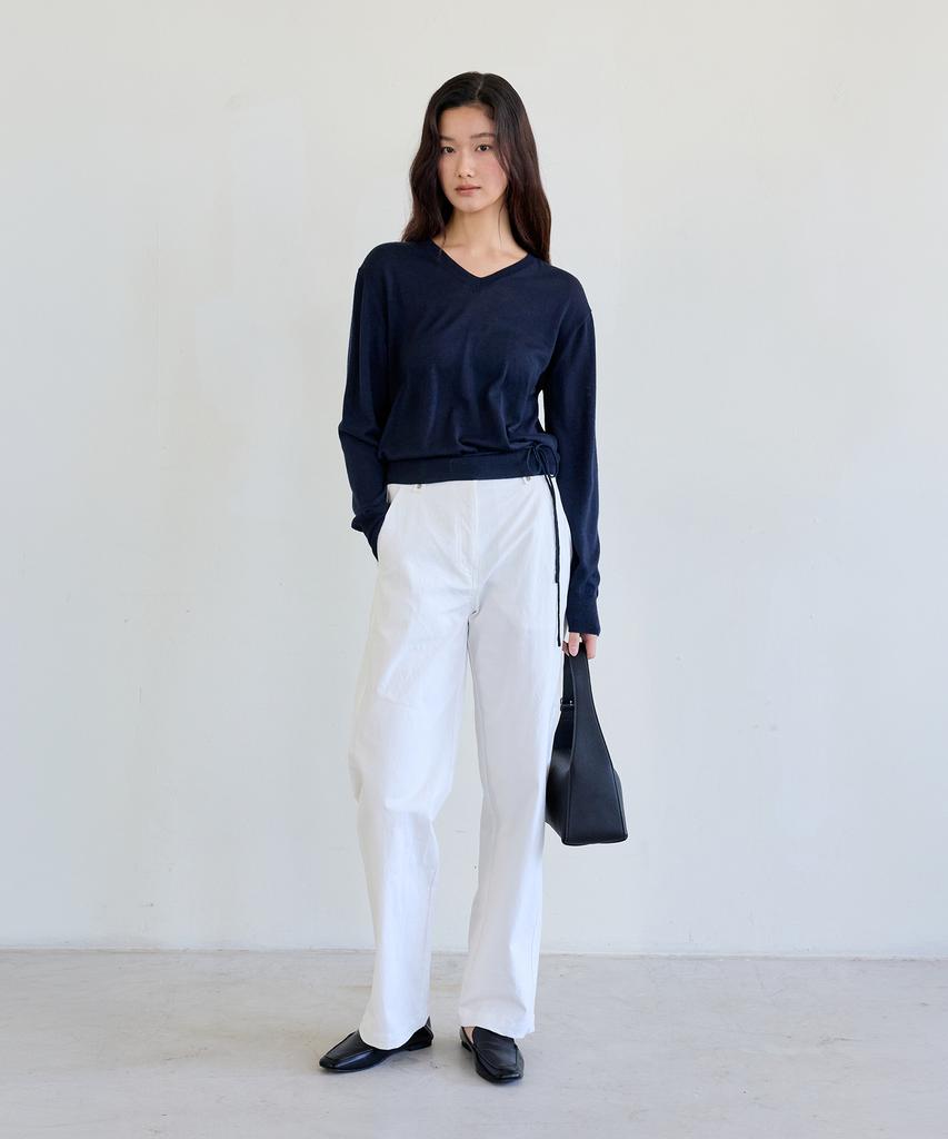 THEELO Strap Detail V-Neck Knit Top (Navy)