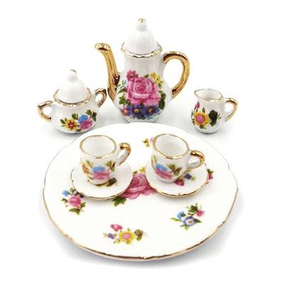 Service à thé en porcelaine, vaisselle Miniature pour maison de poupée 1:12, 8 pièces, plat, tasse, assiette