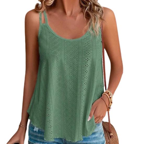 Kvinnor sommarväst med rund hals ärmlös ihåliga dubbla remmar Lösa dagligt slitage Enfärgad rynkning Kvinnor sommartopp damkläder