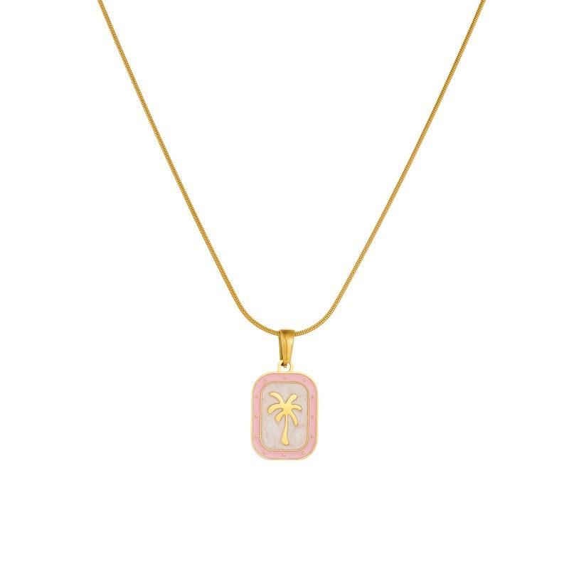 Gold Plated Stainless Steel Coconut Tree Enamel Pendant Necklace for Women