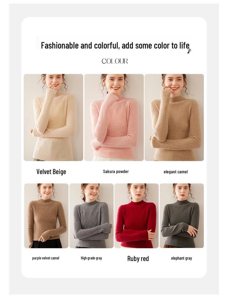 Women's Soft Cashmere Lychee-Pattern Knit Sweater - Half-High Collar, Slim-Fit, Perfect for Autumn and Winter Layers