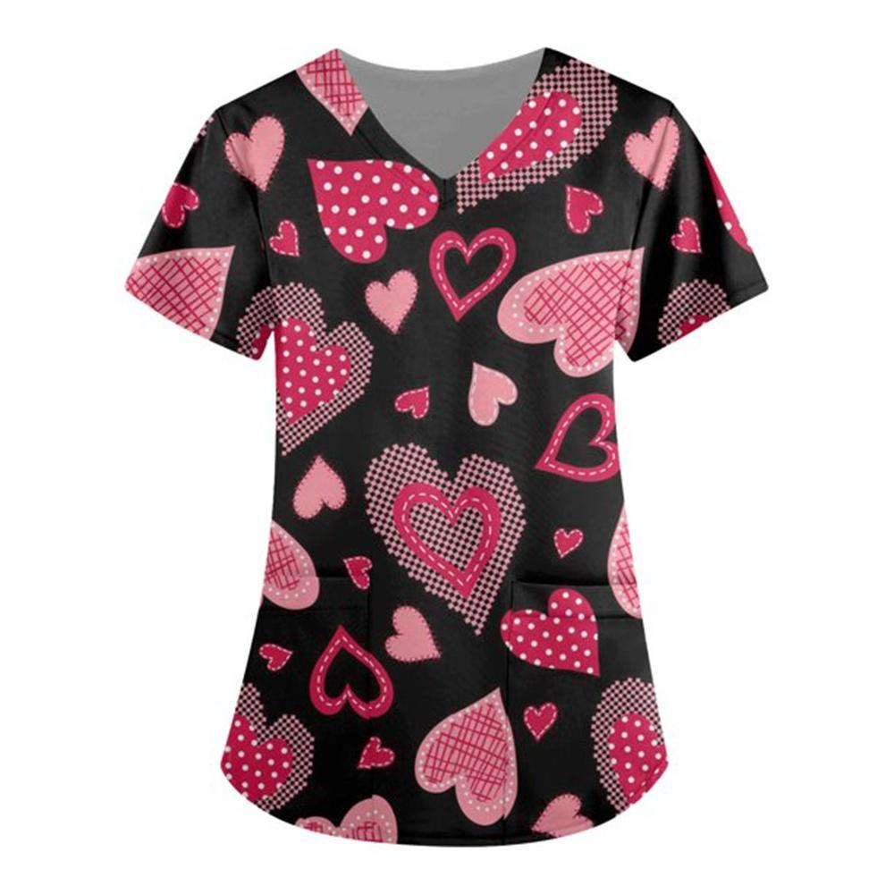 Women Valentines Day Ladies Nurse Uniform Love Print Gradient Short Sleeve Pocket Work Shirt Tunics Carer Medical Nursing Blouse