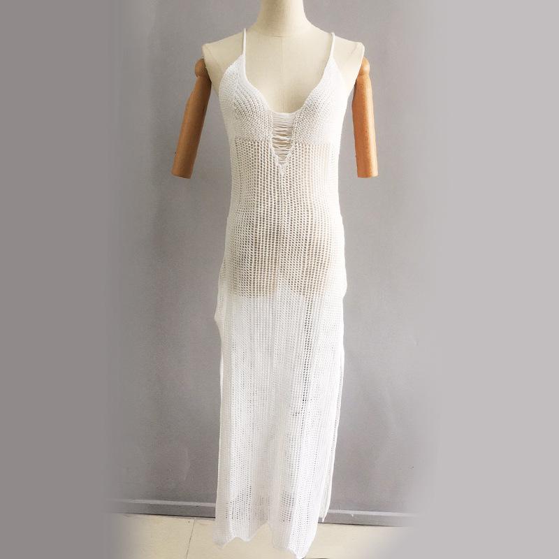 Women Holiday Hollow Out Split Summer Beach Knitted Backless Spaghetti Strap Maxi Dress