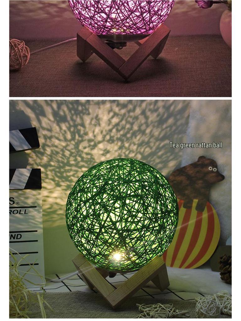 Kreative Rattan-Kugel-Tischlampe: Schlafzimmer Nachttischlampe mit Sternenhimmel-Projektion für Kinder oder Mädchen
