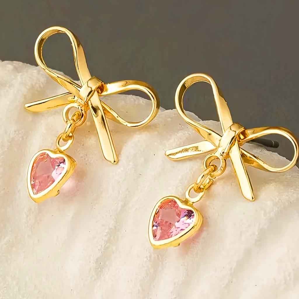 Gold Plated Bowknot Earrings with Heart-Shaped Pendant Dangle Lightweight Fashion Jewelry for Women and Girls