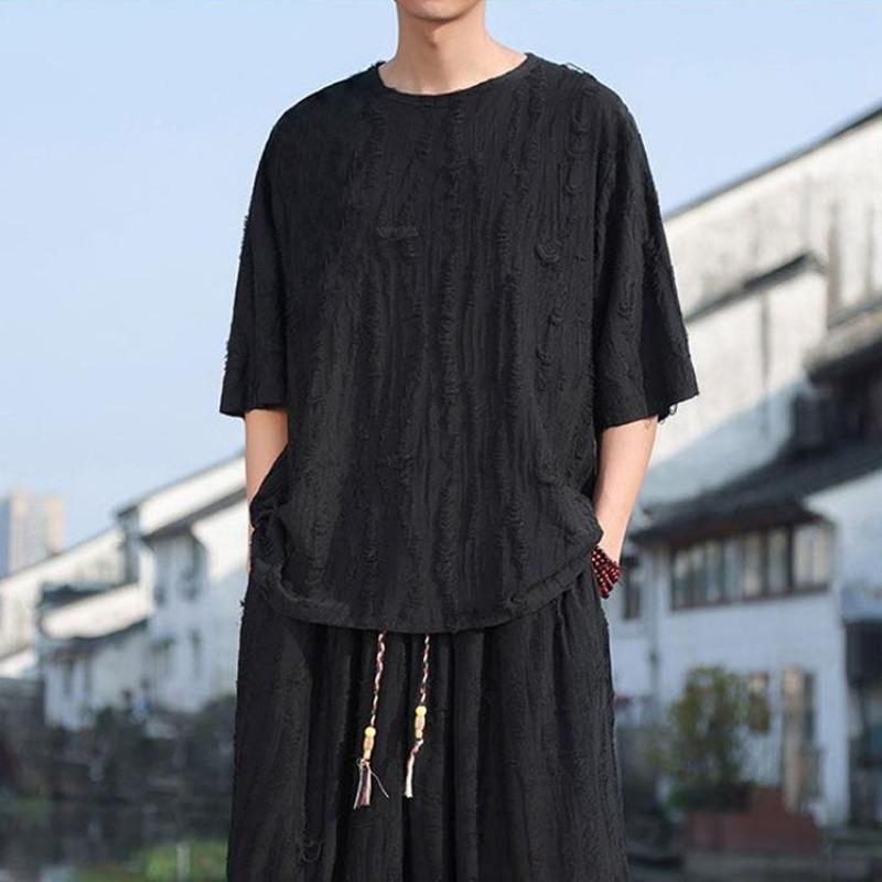 Hanfu Oberteil Herren Sommer Dünn Kurzarm Hose Locker Trendiges T-Shirt Mode Einteiler/Zweiteiler Set Preppy