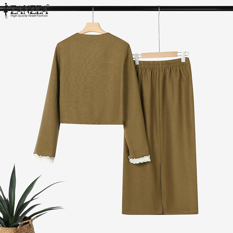 ZANZEA Two Pieces Women Patchwork Long Sleeve Texture Tops and Skirt Sets