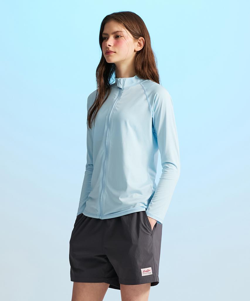 Leijibi [Set] Essential Loose Fit Long Sleeve Zip-Up Rash Guard + Swimsuit Shorts Set W Sky Blue
