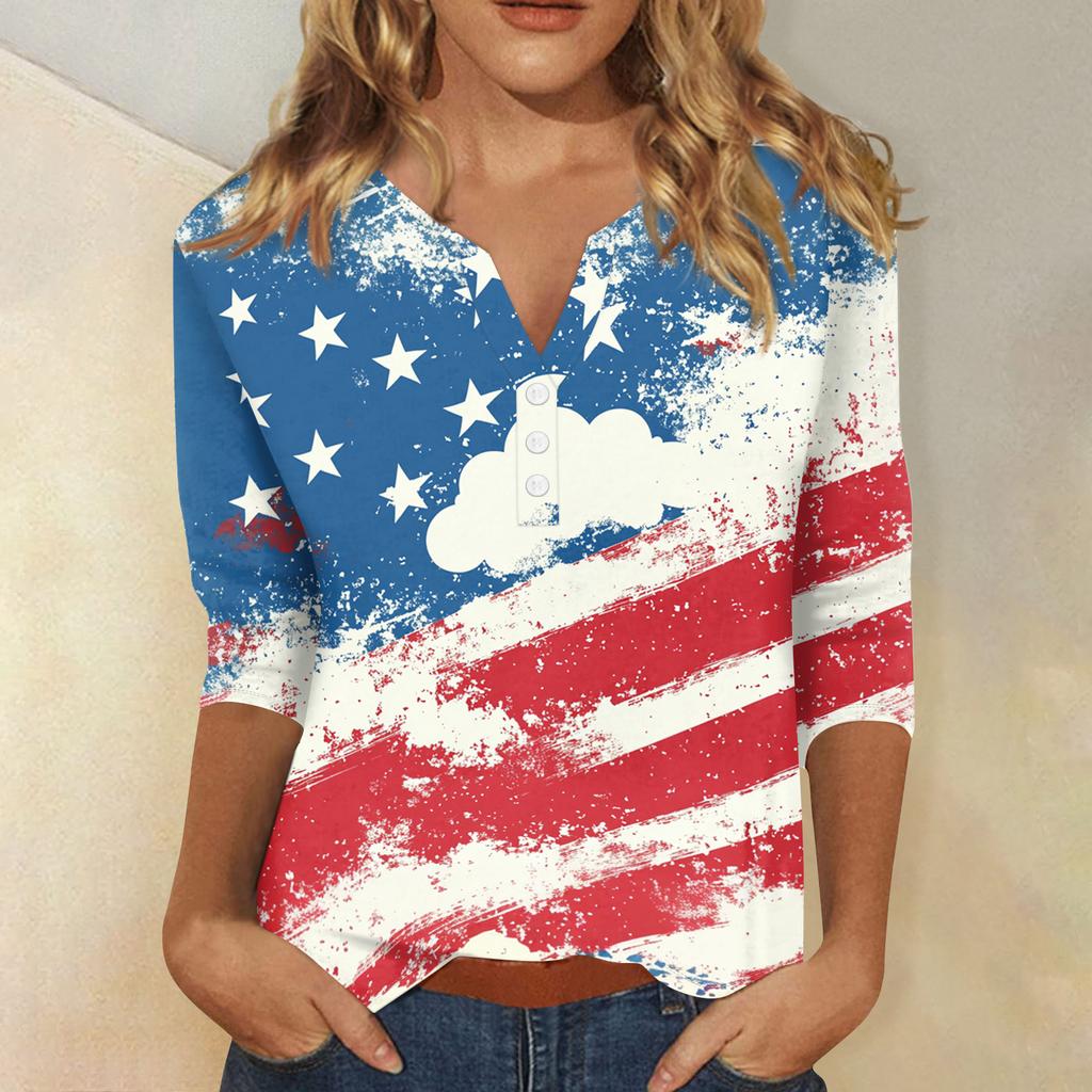 Women's T Shirt Independence Day Print Button 3/4 Sleeve Daily Weekend Fashion Basic V- Neck Regular Top