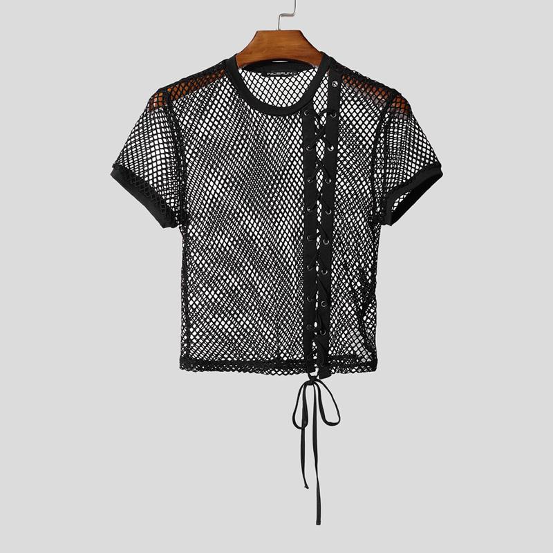 INCERUN Men O Neck Short Sleeve Side Bandage Mesh Sheer Fitted Cropped T-shirts