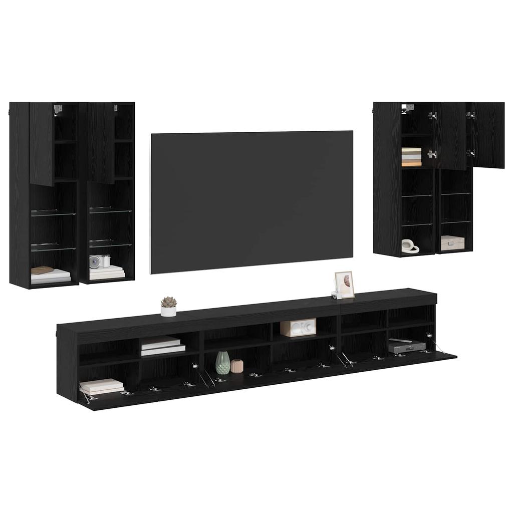 TV Wall Shelf Set 7 pcs Black Oak Effect Wood Based Panel