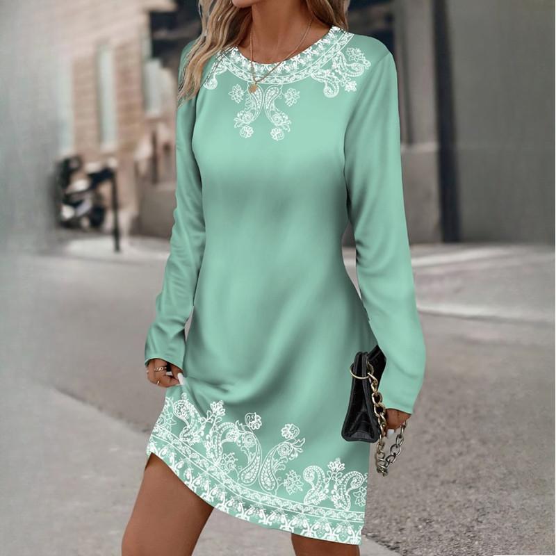 

Сукні міді з круглим вирізом та довгим рукавом з ботанічним квітковим принтом для жінок QICED XXL зелений