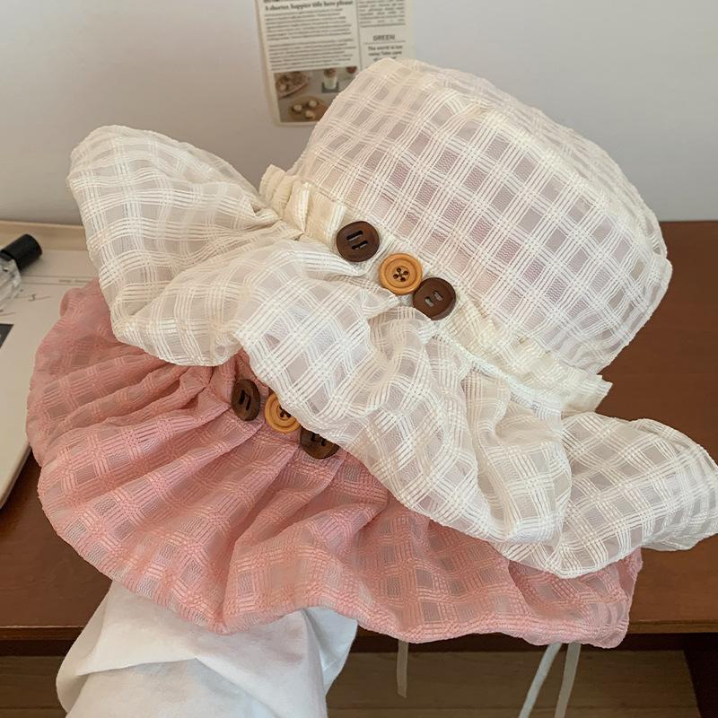 Button plaid fisherman's hat Children's spring and summer travel Big brim shows face Small sunscreen visor Breathable basin hat