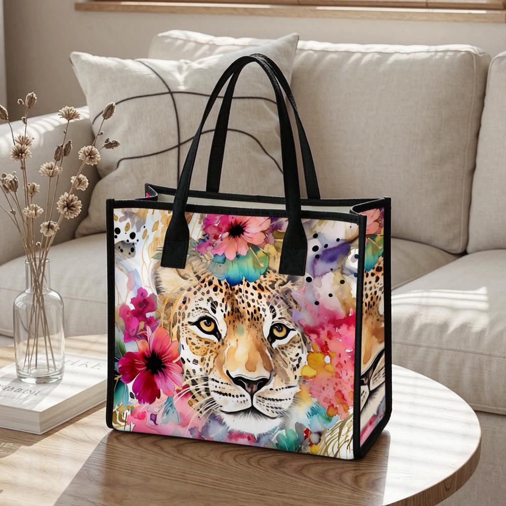 Floral Leopard Tote Bag Stylish Casual Shopping Bag Lightweight Daily Carry All Handbag