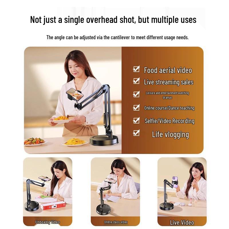 Adjustable Multi-functional Overhead Cantilever Stand for Live Streaming, Photography, and Unboxing with Metal Round Base.