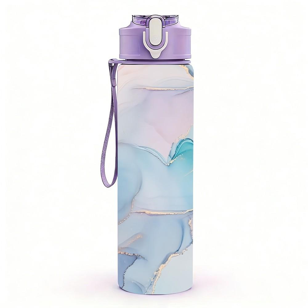 1PC Lilac Blue Ink Marble Pattern 750ml Color Plastic Sports Water Bottle Leakproof Flip Straw Lid Suitable for Sports Office Home Use