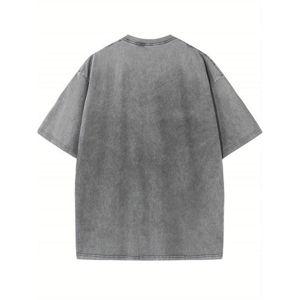Men's Vintage-Inspired Washed Gray T-Shirt with Red Heart Graphic  100% Cotton, Short Sleeve, Round Neck, Comfort Fit