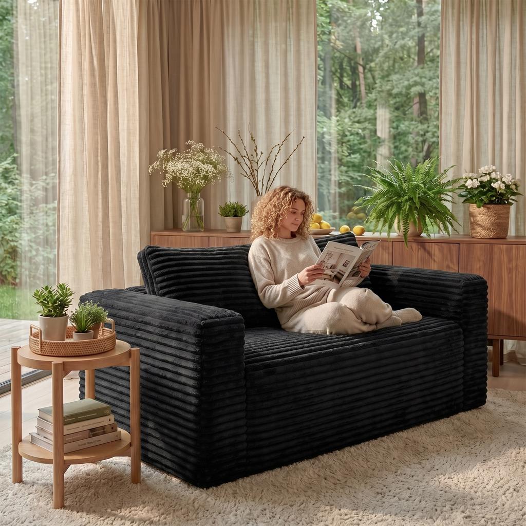 Boneless Deep Seat 2-Seater, No Assembly Foam Floor Couch, Plush Corduroy Fabric, Living Room Sofa for Small Space Apartment, Bedroom, Office (Black)