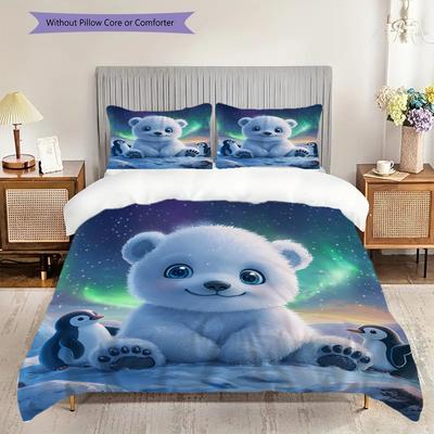 Polar Bear Pattern Bedding Quilt Set Quilt Cover Pillowcase Home Decoration Birthday Gift (1 * Duvet Cover + 2 * Pillowcase, Without Core)