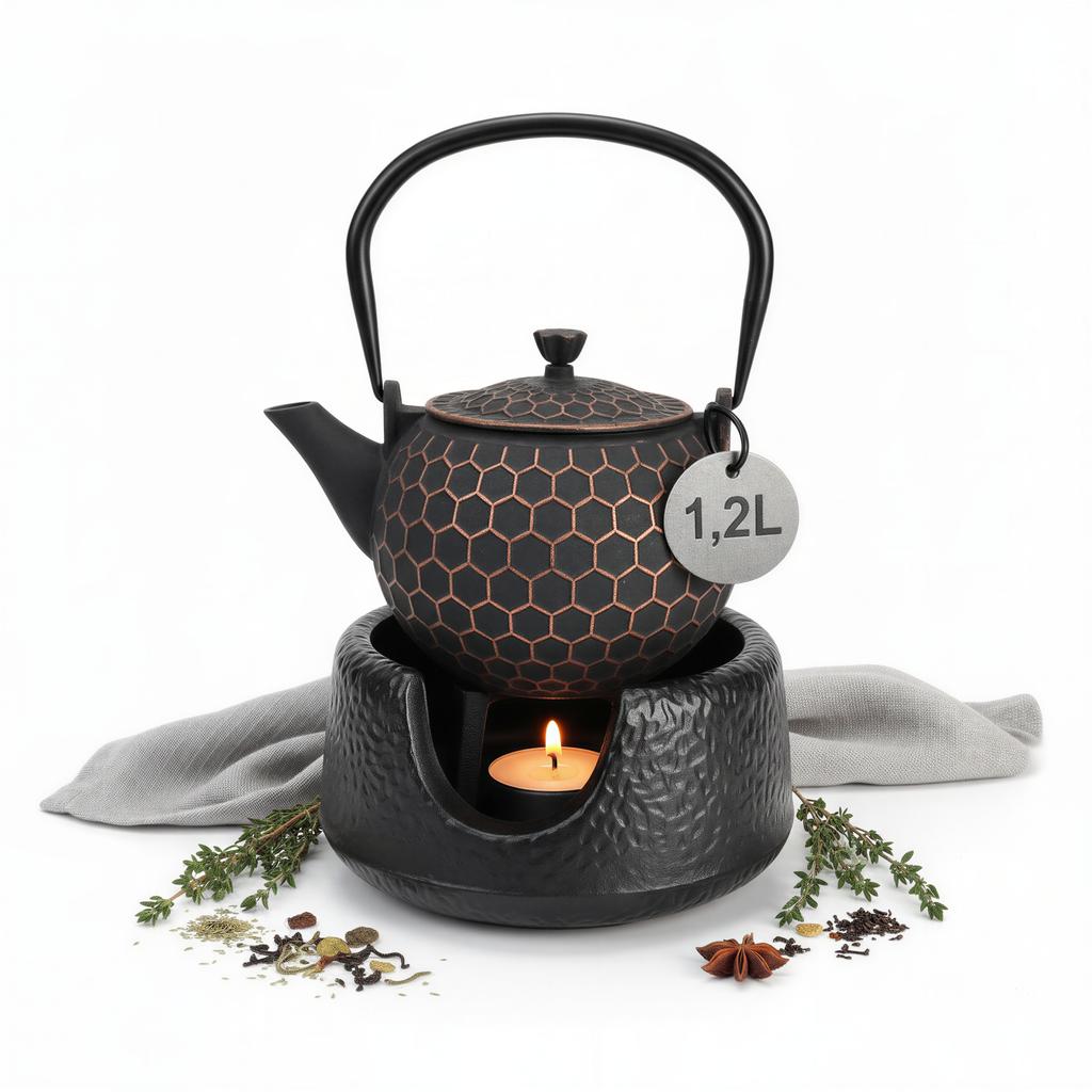 Chaleira de Ferro Fundido 1,2 L com Infusor para Chá e Ervas + Aquecedor