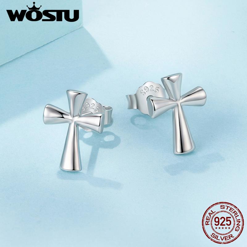 WOSTU Solid 925 Sterling Silver Simple Cross Stud Earrings For Women Daily Wear Guard Ankh Egyptian Ear Studs Jewelry Gift