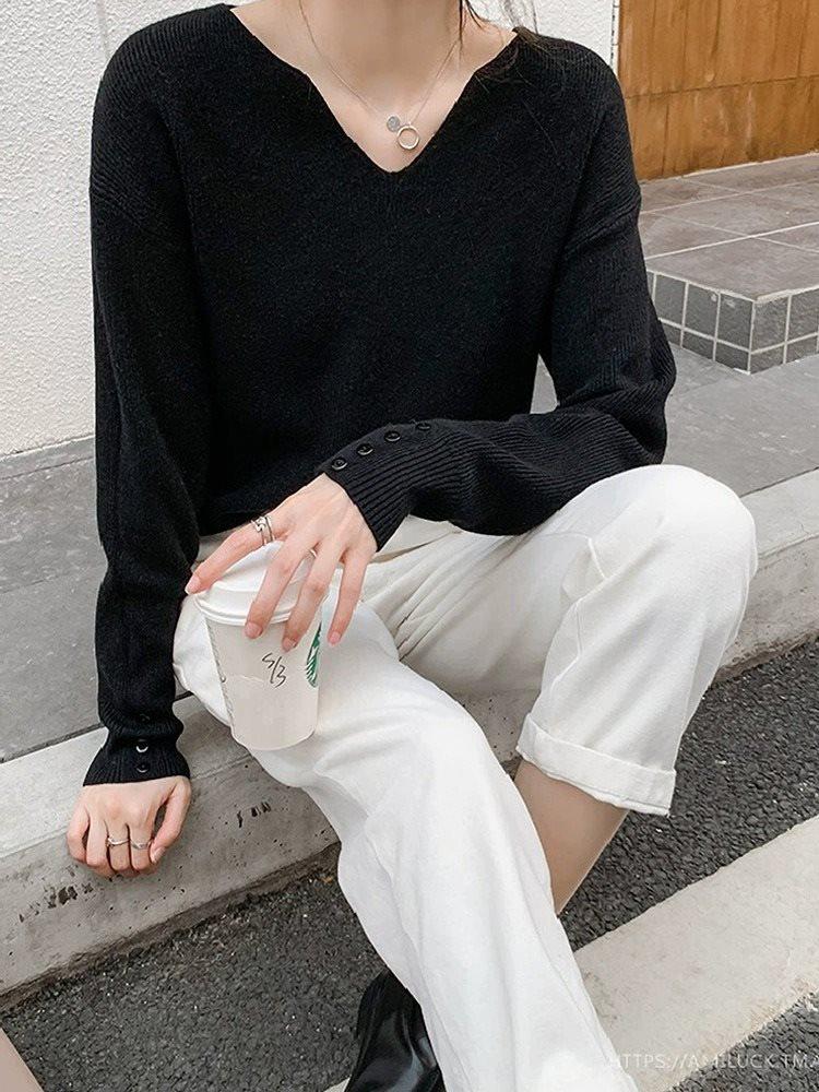 Pulover Tricotat Chic cu Gât în V cu Coaste pentru Femei - Moale, Mărimi Mari cu Croială Largă pentru Primăvară, Toamnă și Iarnă