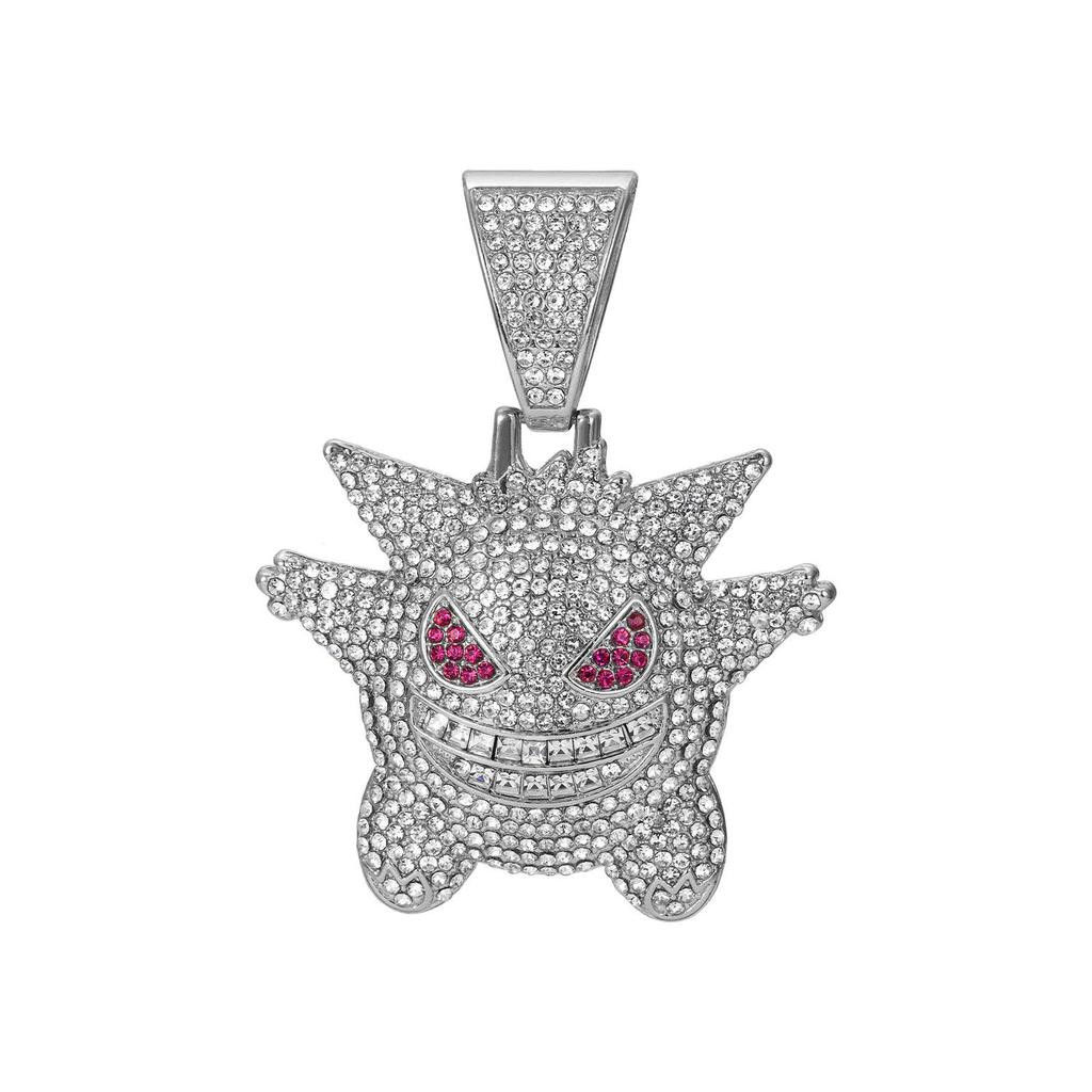 Přehnaný hip-hopový náhrdelník s přívěskem Gengar: Slitinový kreslený řetízek na svetr s plnými diamanty