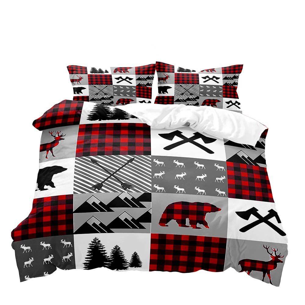 Red Christmas Hat Elk Three-Piece Quilt Cover 3D Digital Printing Bedding Set Bed Cover