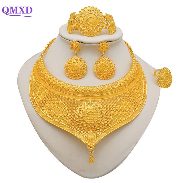 Seturi de bijuterii de culoare aurie Dubai pentru femei Cercei și colier indieni Nigeria Cadouri de nuntă de mireasă marocane