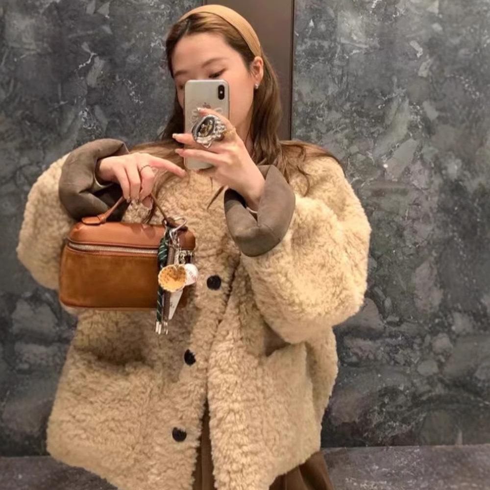 Veste paresseuse en laine d'agneau écologique pour femmes, automne et hiver, courte, ample, épaisse, fourrure intégrée, décontractée, rajeunissante, haut