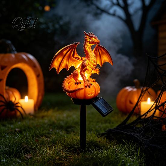 Seasonal Spooky Table Decoration Dragon Solar Garden Light, Halloween Night Resin Gothic Pumpkin Unique Gift for Lovers Statue, Medieval Fantasy