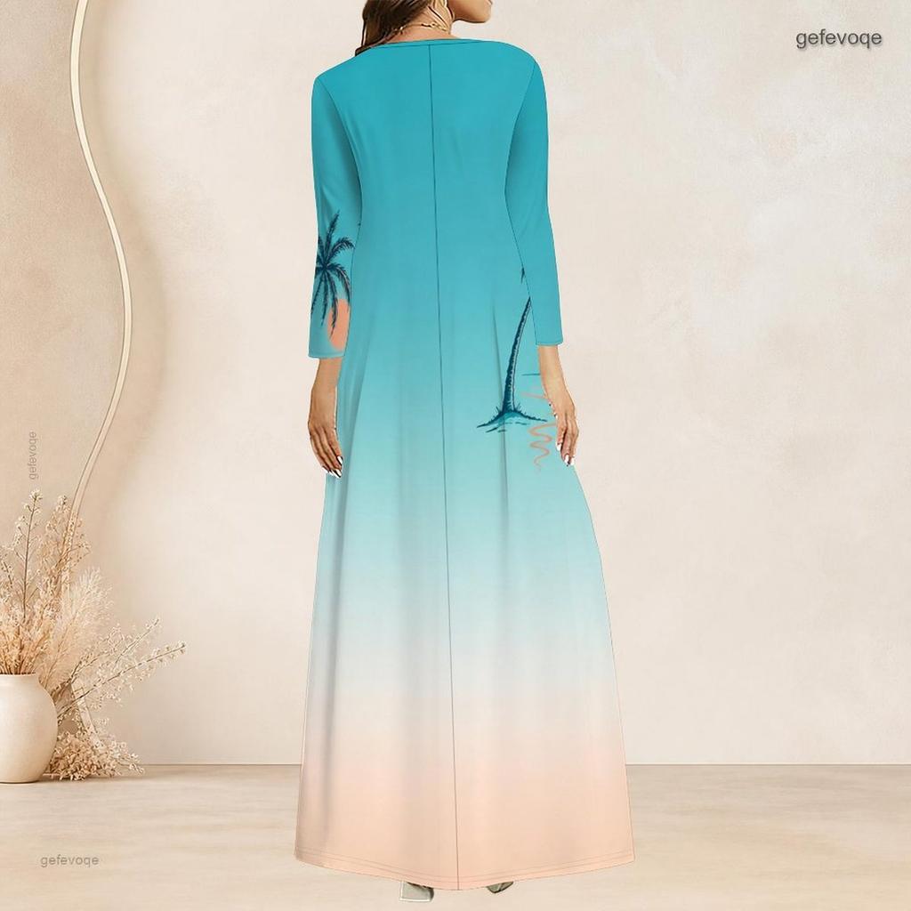 Women Plus Size V Neck Three Quarter Sleeve Palm Print Gradient Long Dress