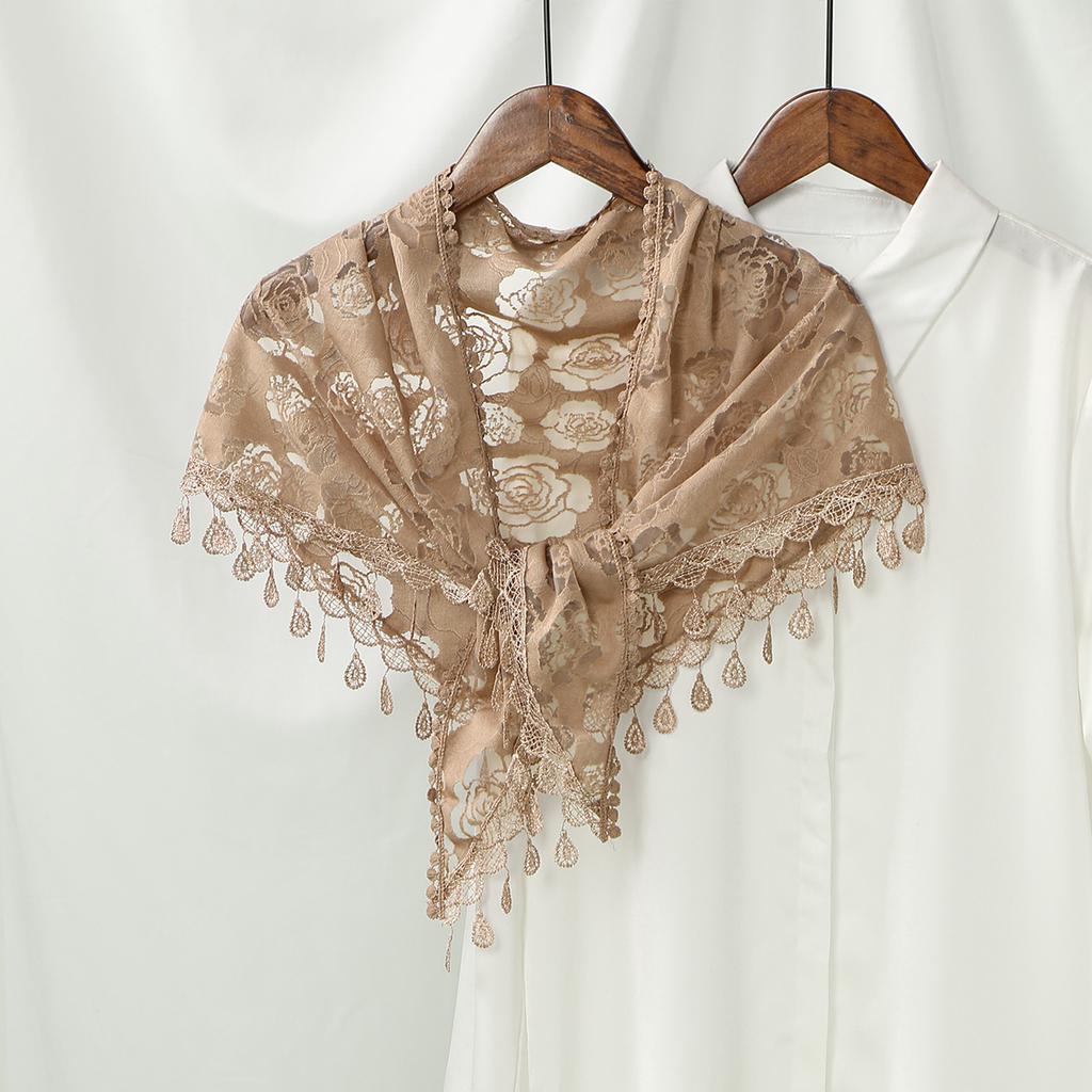 Women Lace Triangle Scarf With Tassel Embroidered Solid Color Shawls Veil Fashion Lightweight Prayer Hijab 160*50Cm