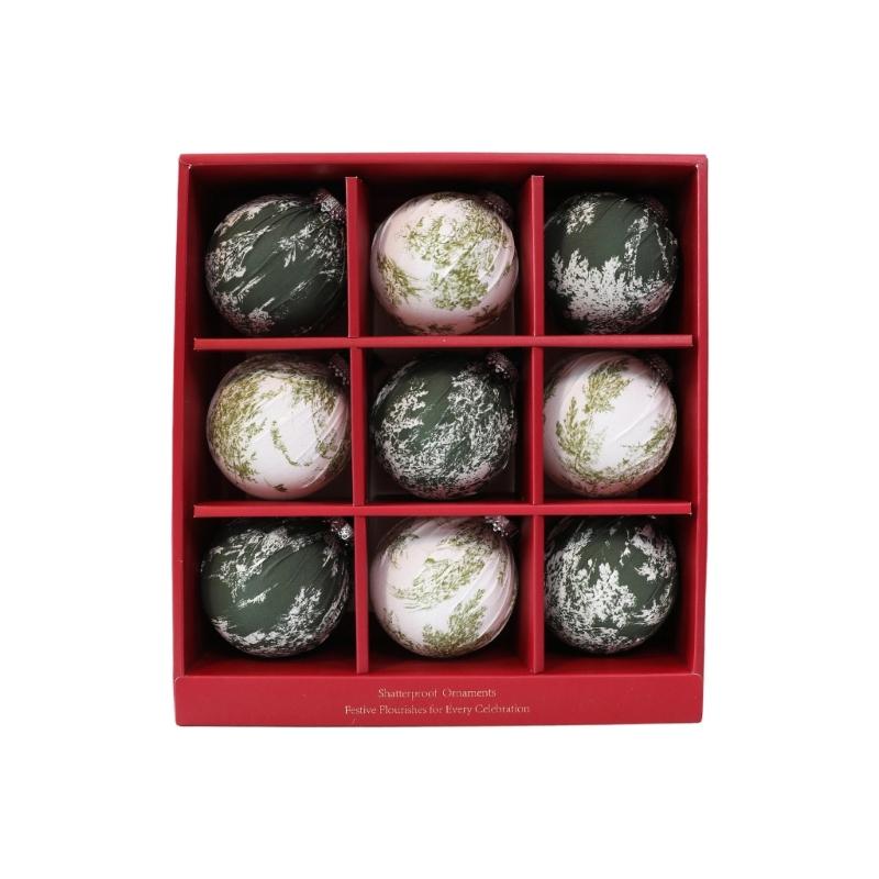 Holiday Tree Trim Set with 9 Fabric Covered Baubles, Patterned Hanging Accents for Wreath, Shelf and Window Styling