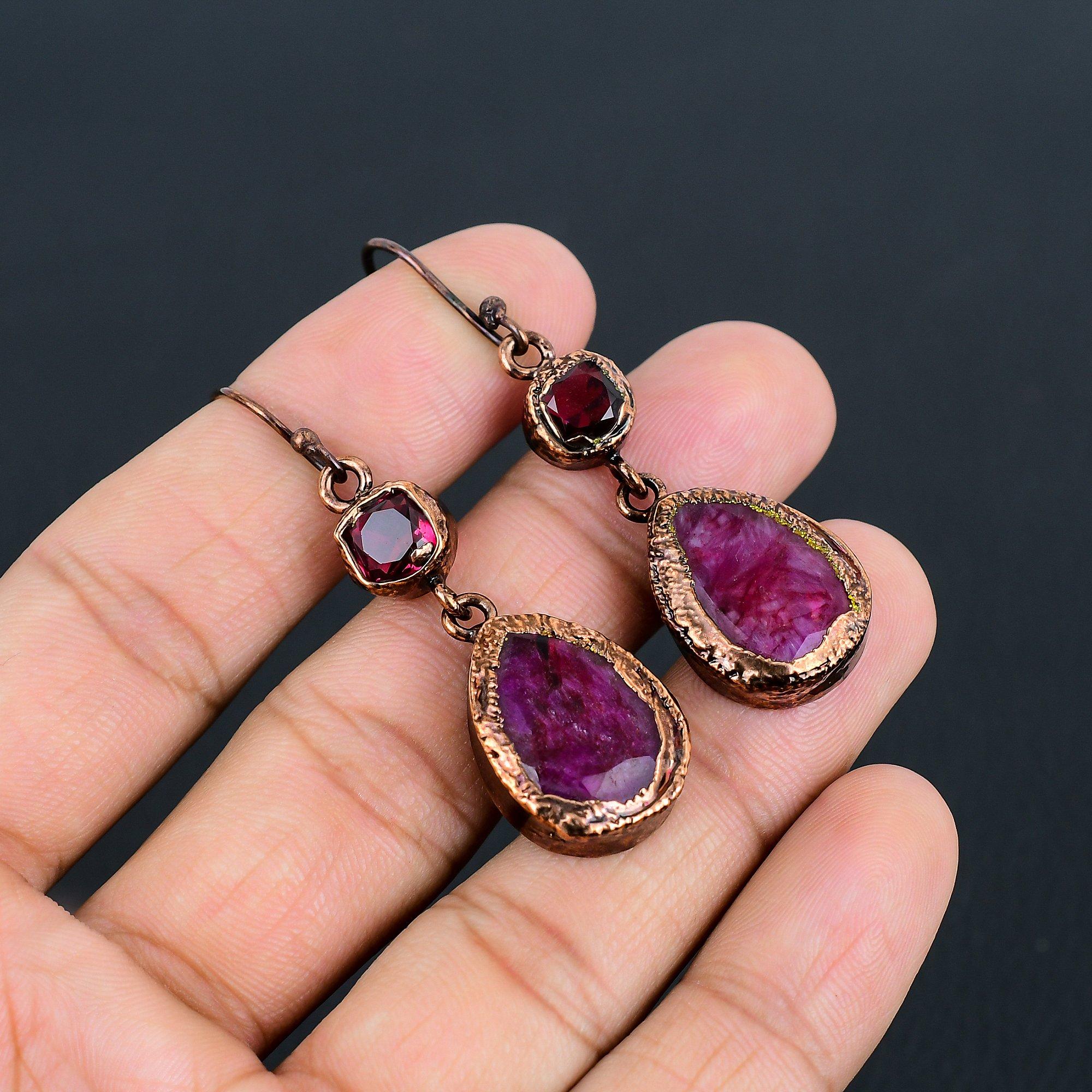 

Ruby & Garnet Earrings Gemstone Jewelry, Copper Electroformed Handmade Earrings, Latest Design Jewelry 2.55 Inches