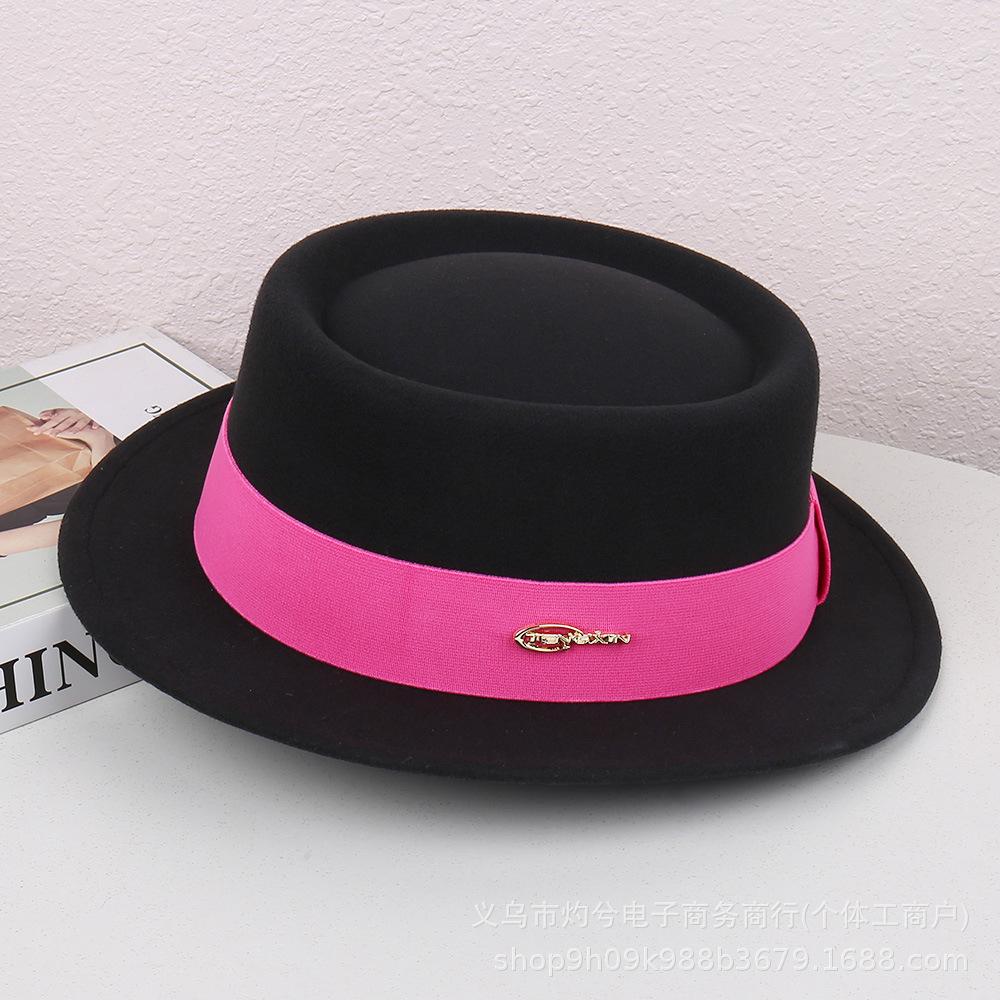 Autumn and Winter French Flat-brimmed Woolen Flat-top Top Top Hat Female British Show Small Face Simple Temperament Elegant Celebrity Style Jazz Hat