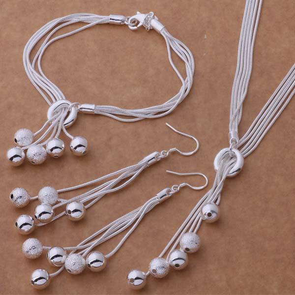 Elegant European & American Fashion Jewelry Set: Sterling Silver-Plated Necklace, Bracelet, and Earrings with Light Sand Beads.