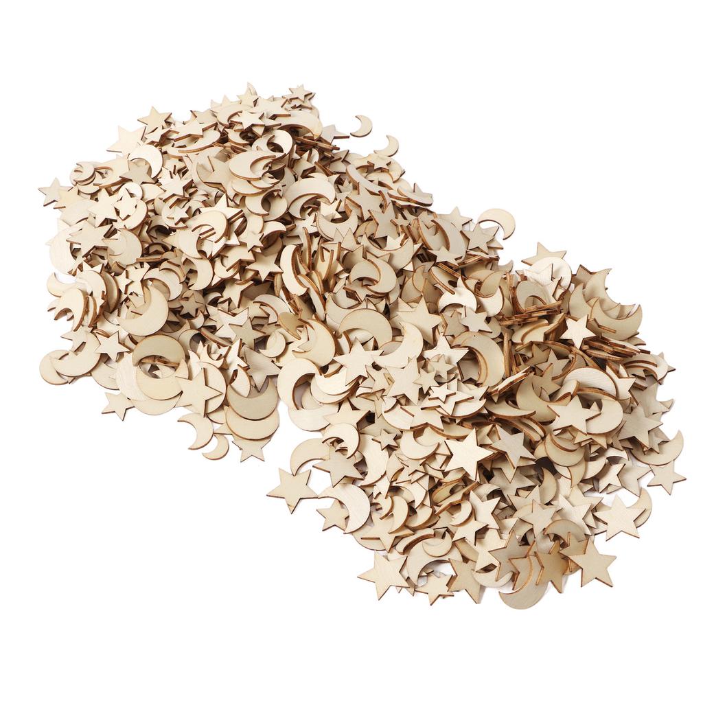 1000Pcs Wood Moon Star Cutout Slices Unfinished Star and Moon Shape Wood Cutouts for DIY Craft