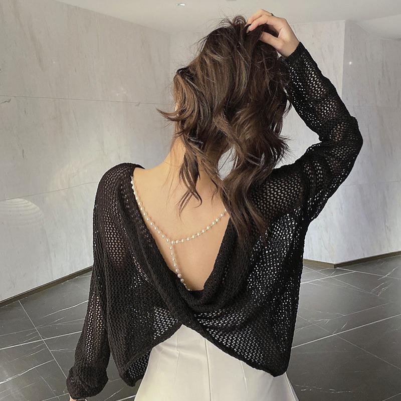 Pletený pulovr Vyhloubený opalovací krém Topy Ledové Hedvábí Pletené zboží Svetry Dámská trička Oblečení Mujer