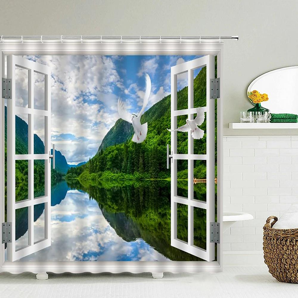 Scenery Outside the Window Shower Curtain 3D Printing Forest Garden Waterproof Fabric Bathroom Curtains Bath Screen with Hook