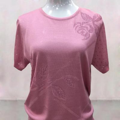 Women's Casual Knit T-shirt Round Neck Short Sleeve Hollow Out Top with Rhinestone Floral Pattern