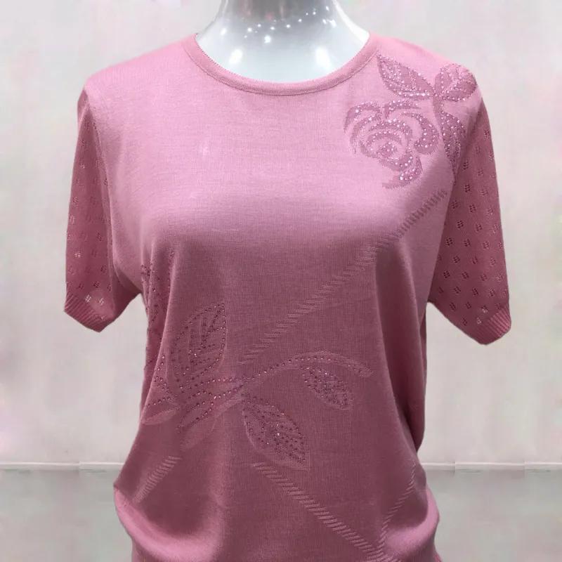 

Women s Casual Knit T-shirt Round Neck Short Sleeve Hollow Out Top with Rhinestone Floral Pattern L