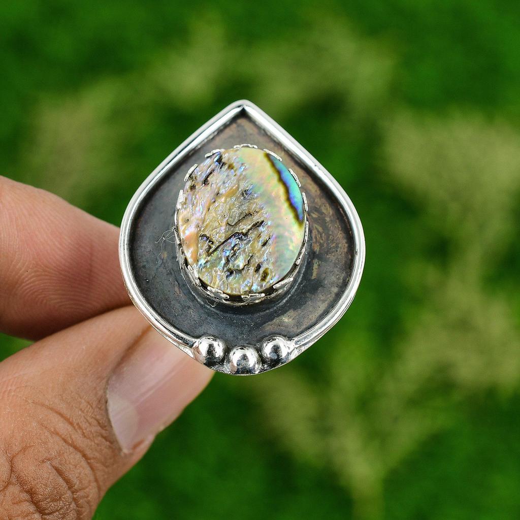Natural Abalone Shell Gemstone 925 Silver Stackable Adjustable Ring For Girls