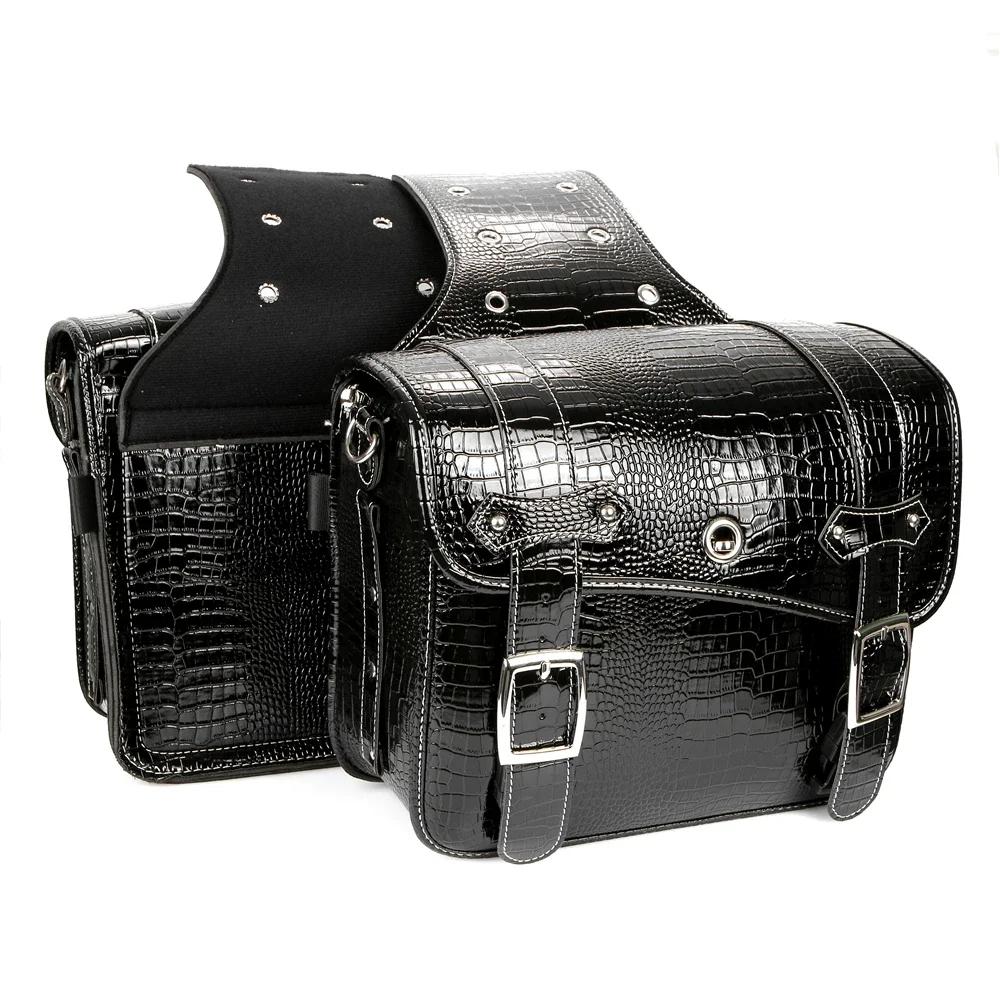 Universal Motorcycle Side Tool Luggage Bag PU Leather Saddle Bag Crocodile Pattern For Harley Sportster