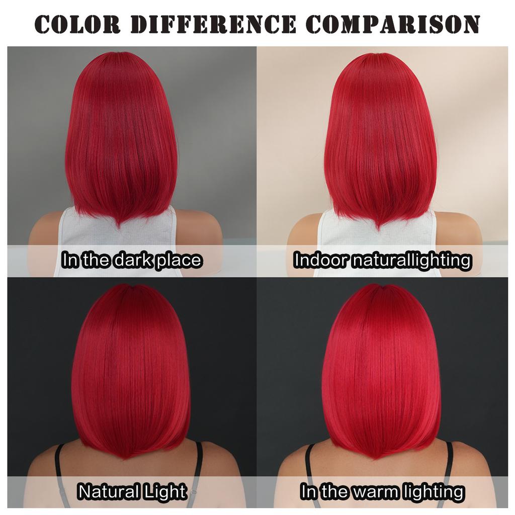 Red Short Straight Wig for Women - Bob Cut with Middle Part Curtain Bangs, Halloween Easter Party Machine Made Full Cap Wig